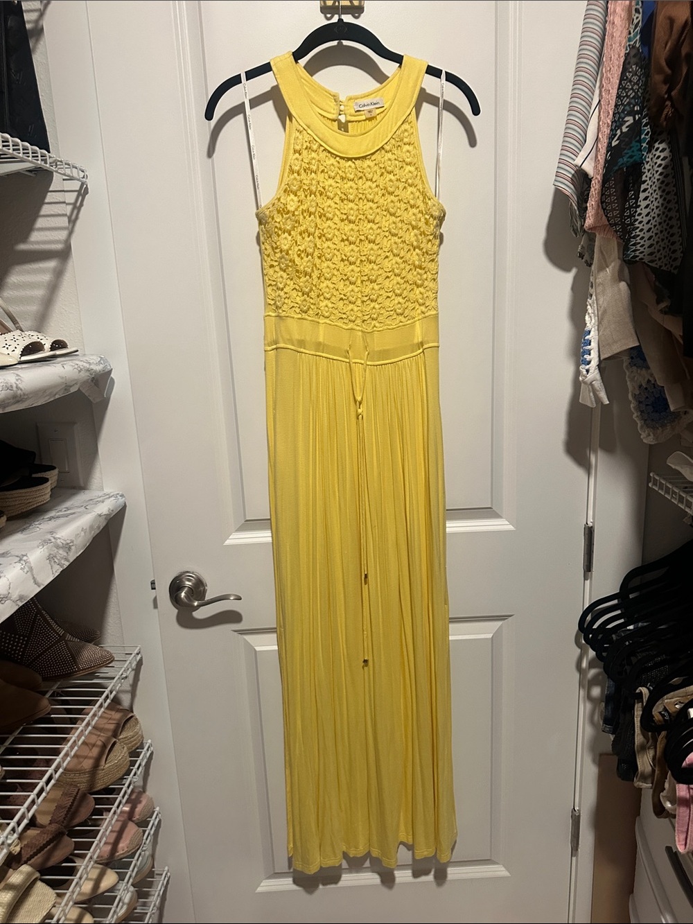 Calvin Klein Sunny Yellow Maxi Dress with Textured Bodice